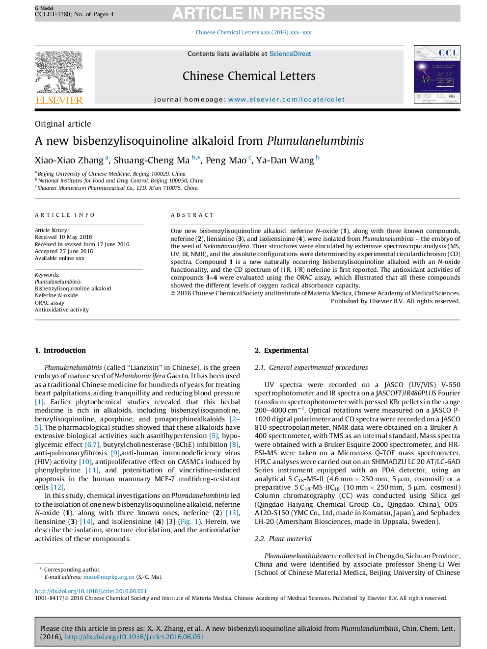 A new bisbenzylisoquinoline alkaloid from Plumulanelumbinis