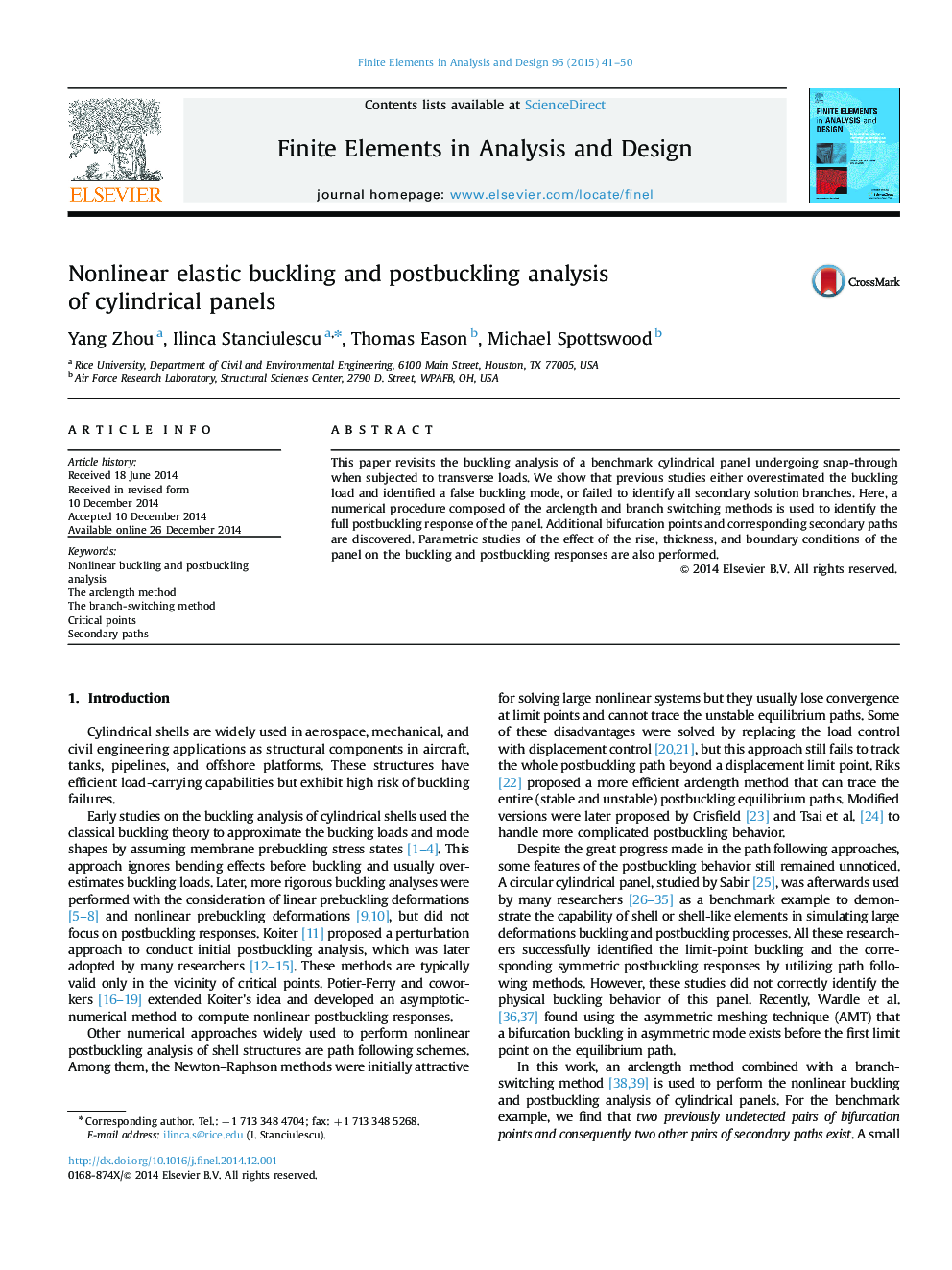 Nonlinear elastic buckling and postbuckling analysis of cylindrical panels