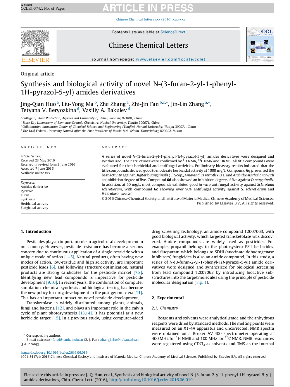 Synthesis and biological activity of novel N-(3-furan-2-yl-1-phenyl-1H-pyrazol-5-yl) amides derivatives