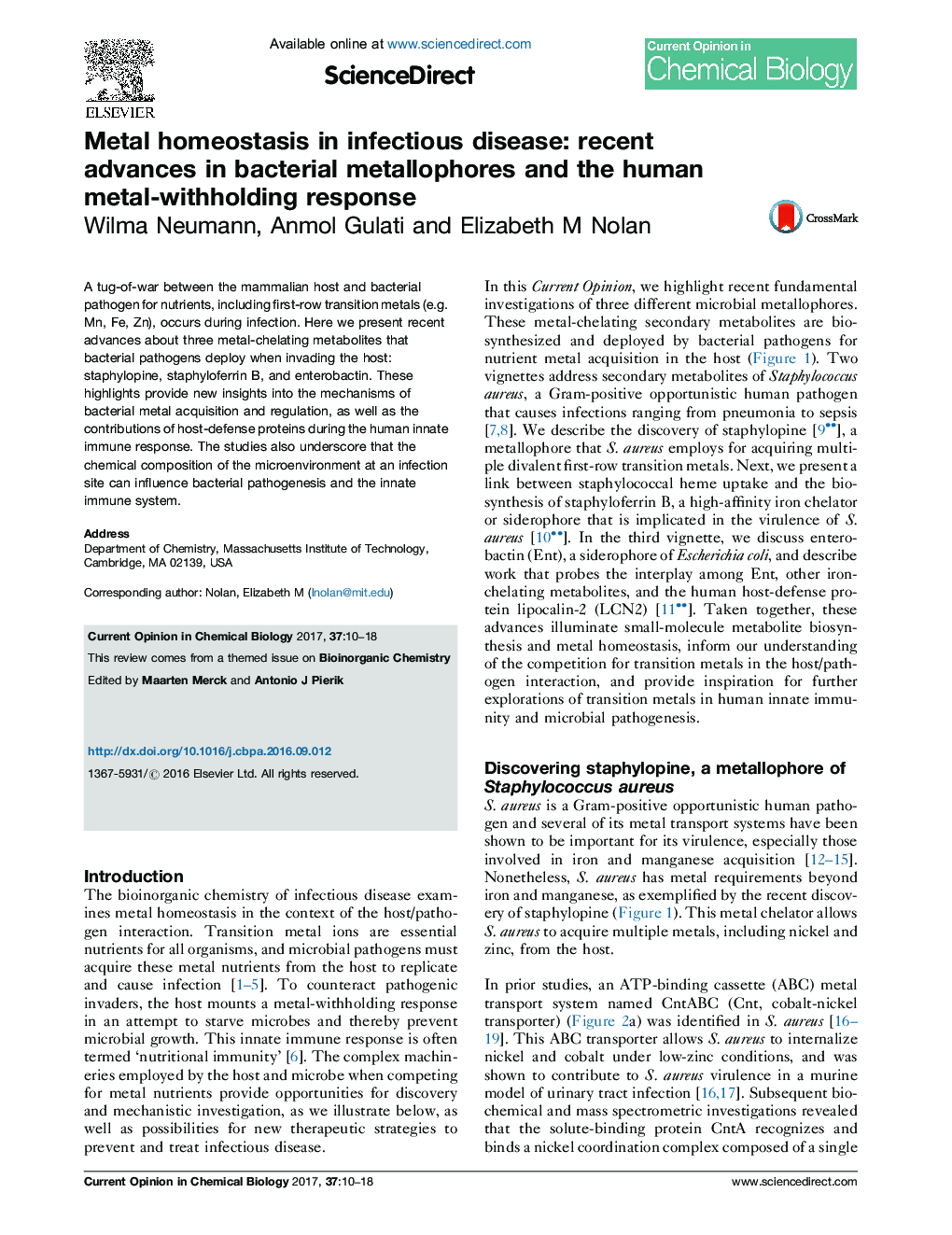 Metal homeostasis in infectious disease: recent advances in bacterial metallophores and the human metal-withholding response