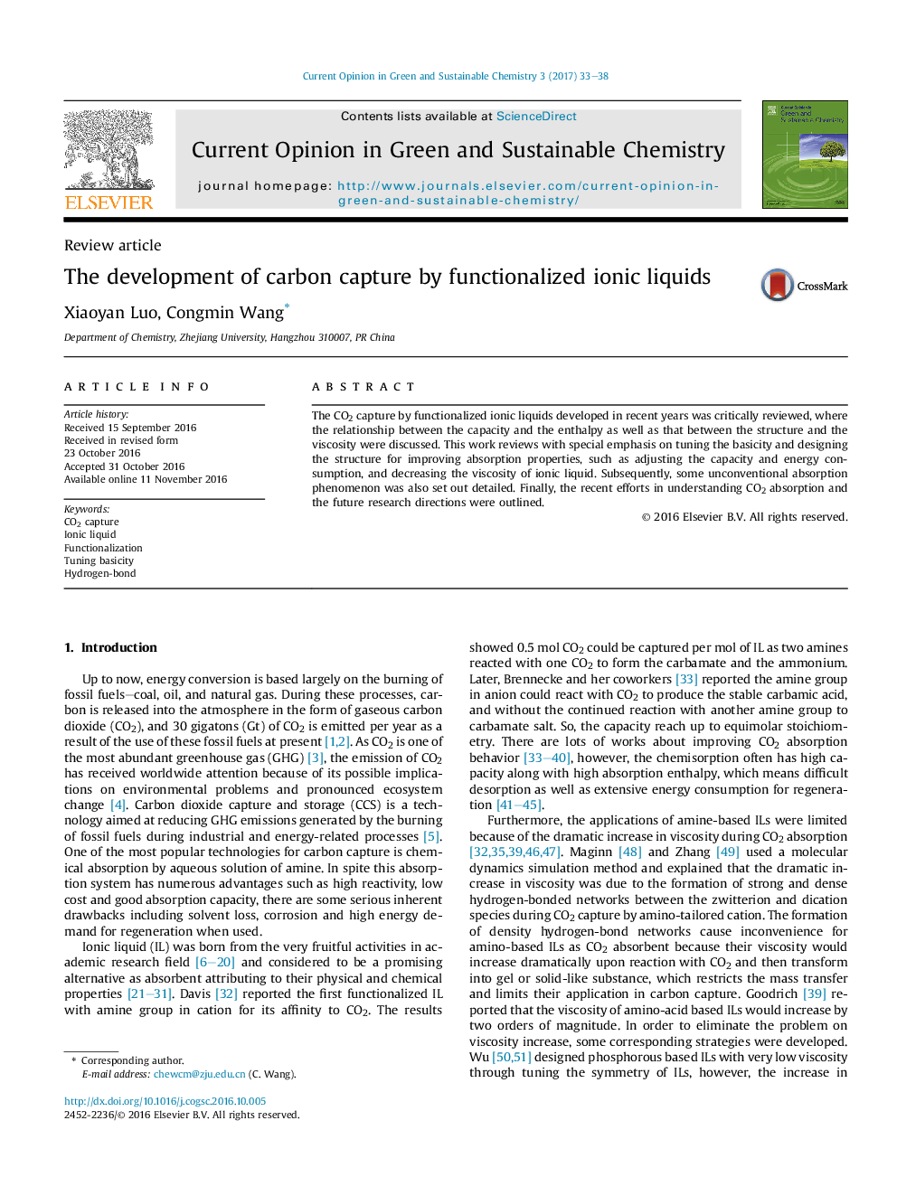 The development of carbon capture by functionalized ionic liquids