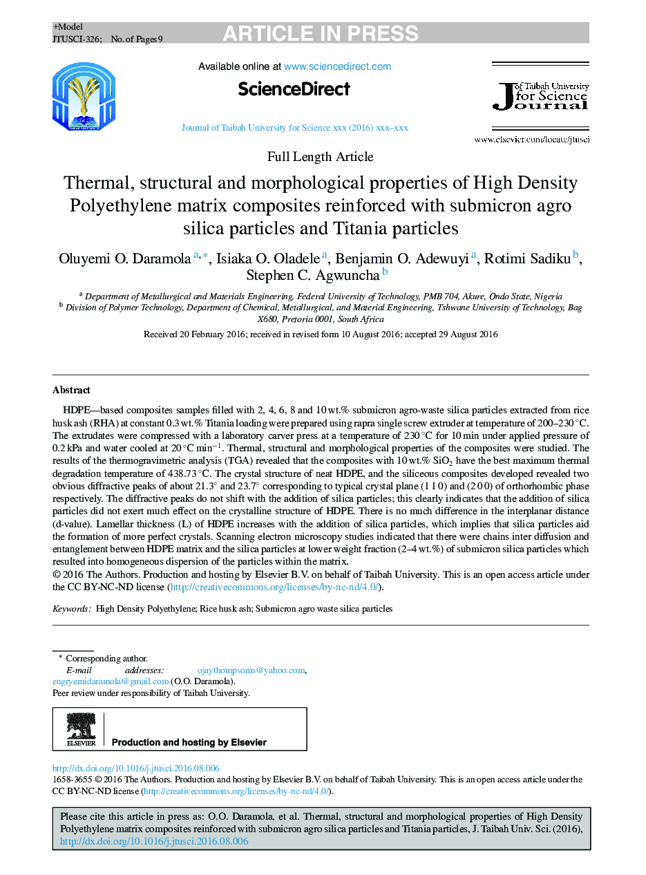 Thermal, structural and morphological properties of High Density Polyethylene matrix composites reinforced with submicron agro silica particles and Titania particles