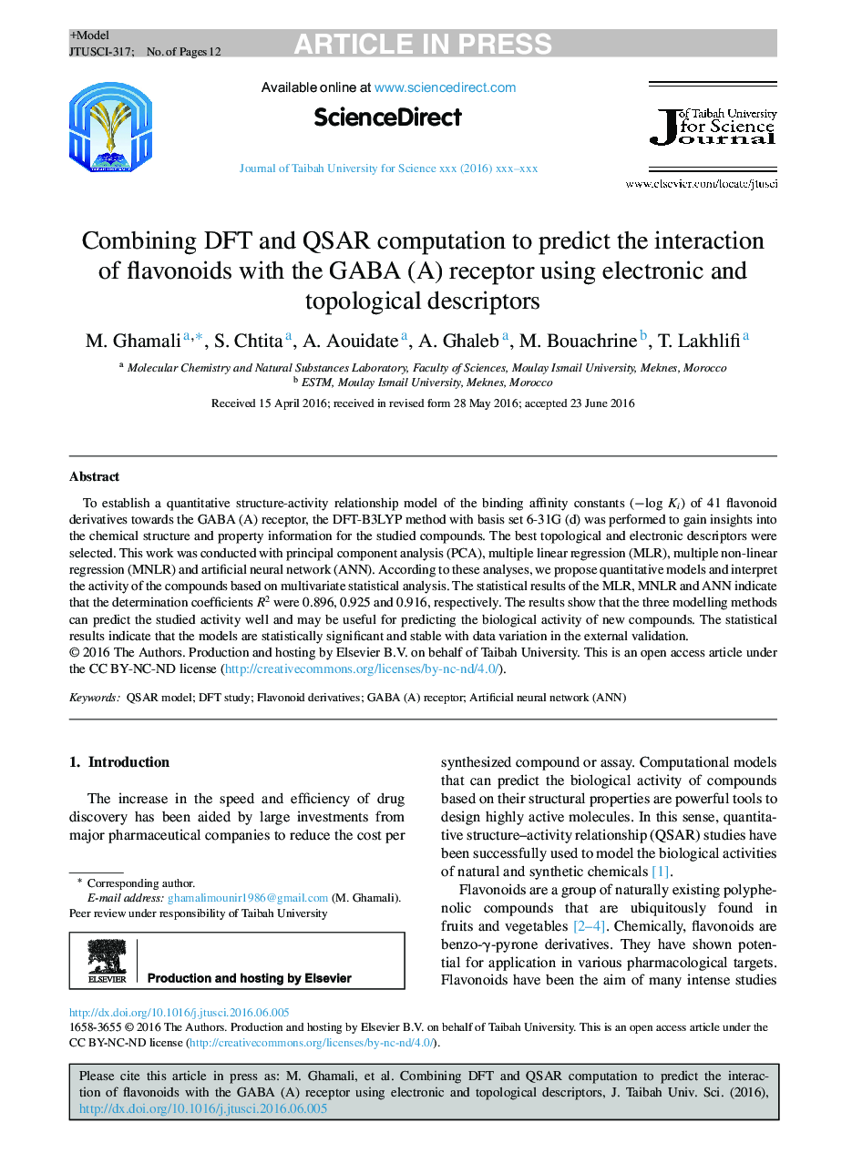Combining DFT and QSAR computation to predict the interaction of flavonoids with the GABA (A) receptor using electronic and topological descriptors