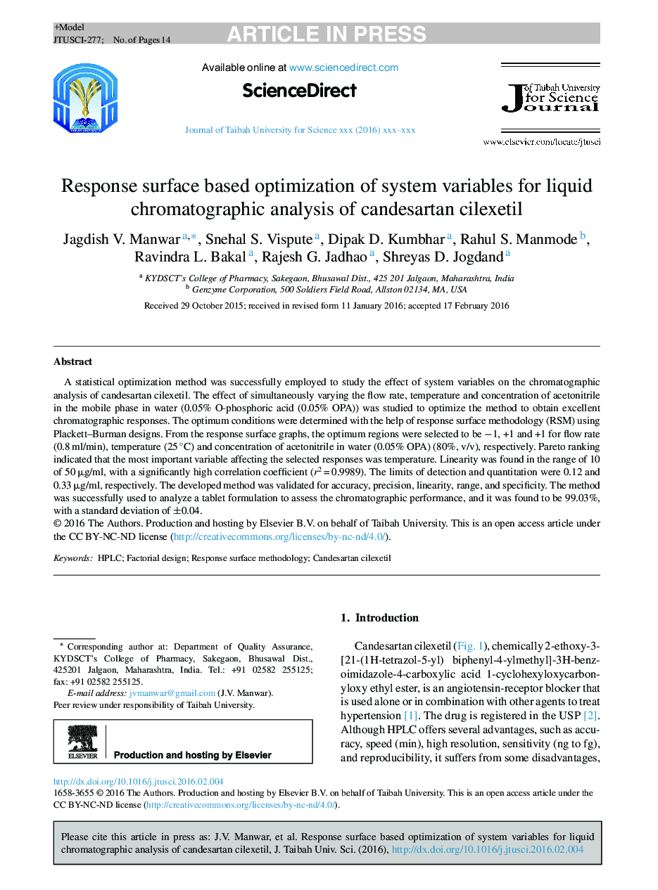 Response surface based optimization of system variables for liquid chromatographic analysis of candesartan cilexetil