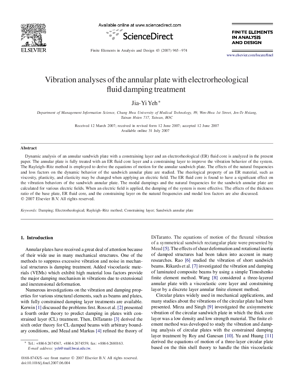 Vibration analyses of the annular plate with electrorheological fluid damping treatment