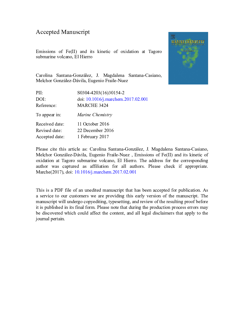 Emissions of Fe(II) and its kinetic of oxidation at Tagoro submarine volcano, El Hierro