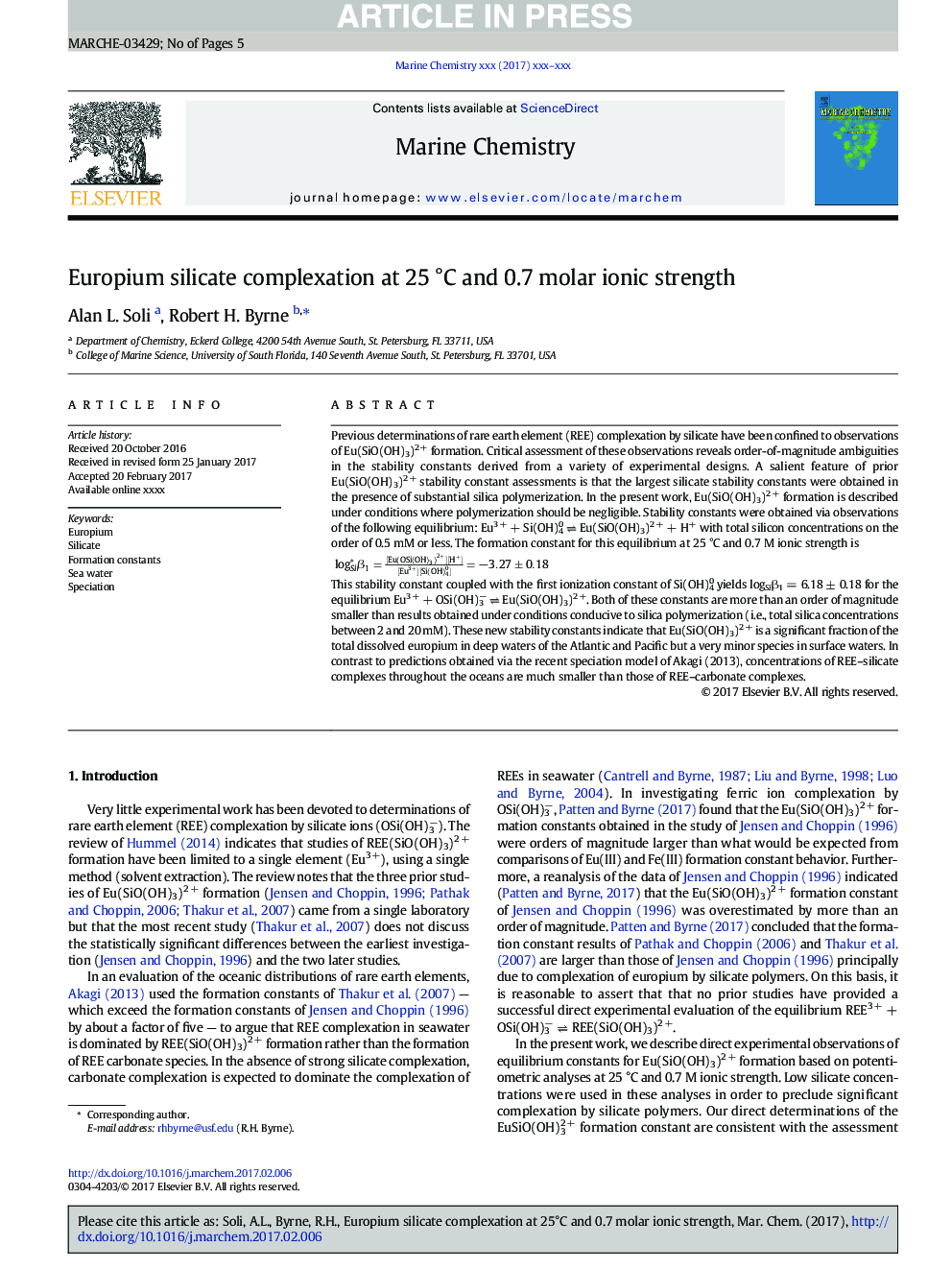 Europium silicate complexation at 25Â Â°C and 0.7 molar ionic strength