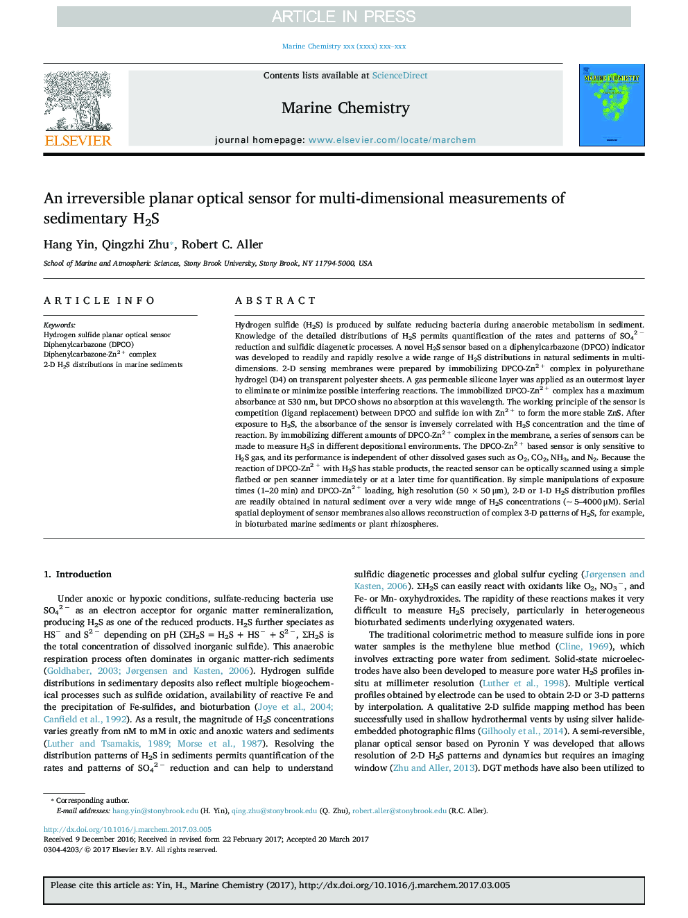 An irreversible planar optical sensor for multi-dimensional measurements of sedimentary H2S