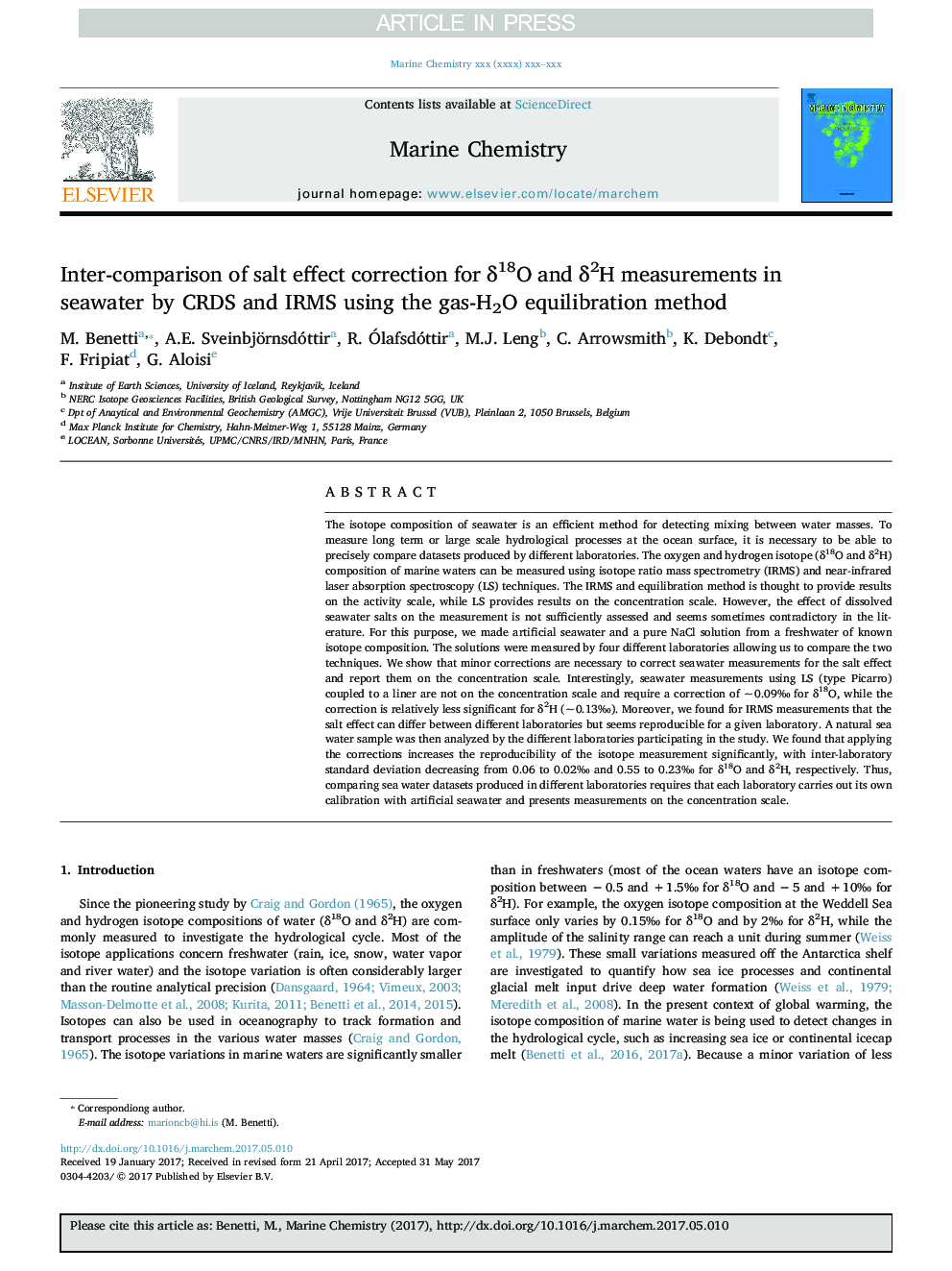 Inter-comparison of salt effect correction for Î´18O and Î´2H measurements in seawater by CRDS and IRMS using the gas-H2O equilibration method