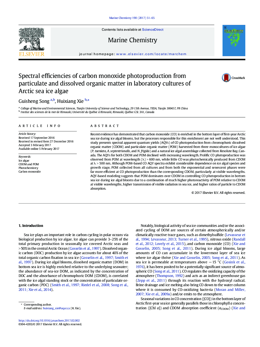 Spectral efficiencies of carbon monoxide photoproduction from particulate and dissolved organic matter in laboratory cultures of Arctic sea ice algae