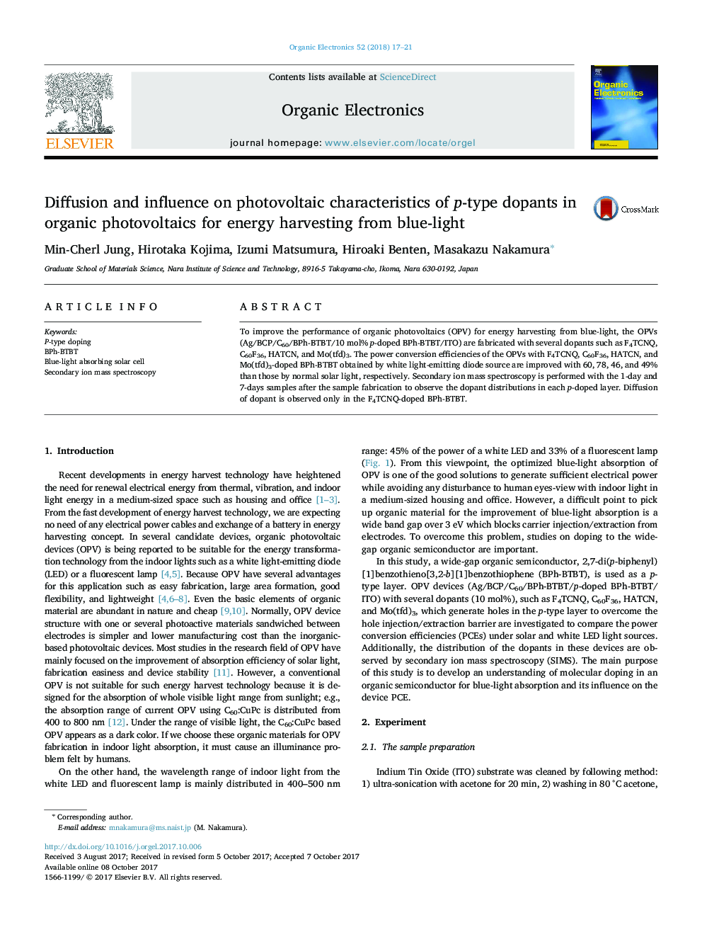 Diffusion and influence on photovoltaic characteristics of p-type dopants in organic photovoltaics for energy harvesting from blue-light