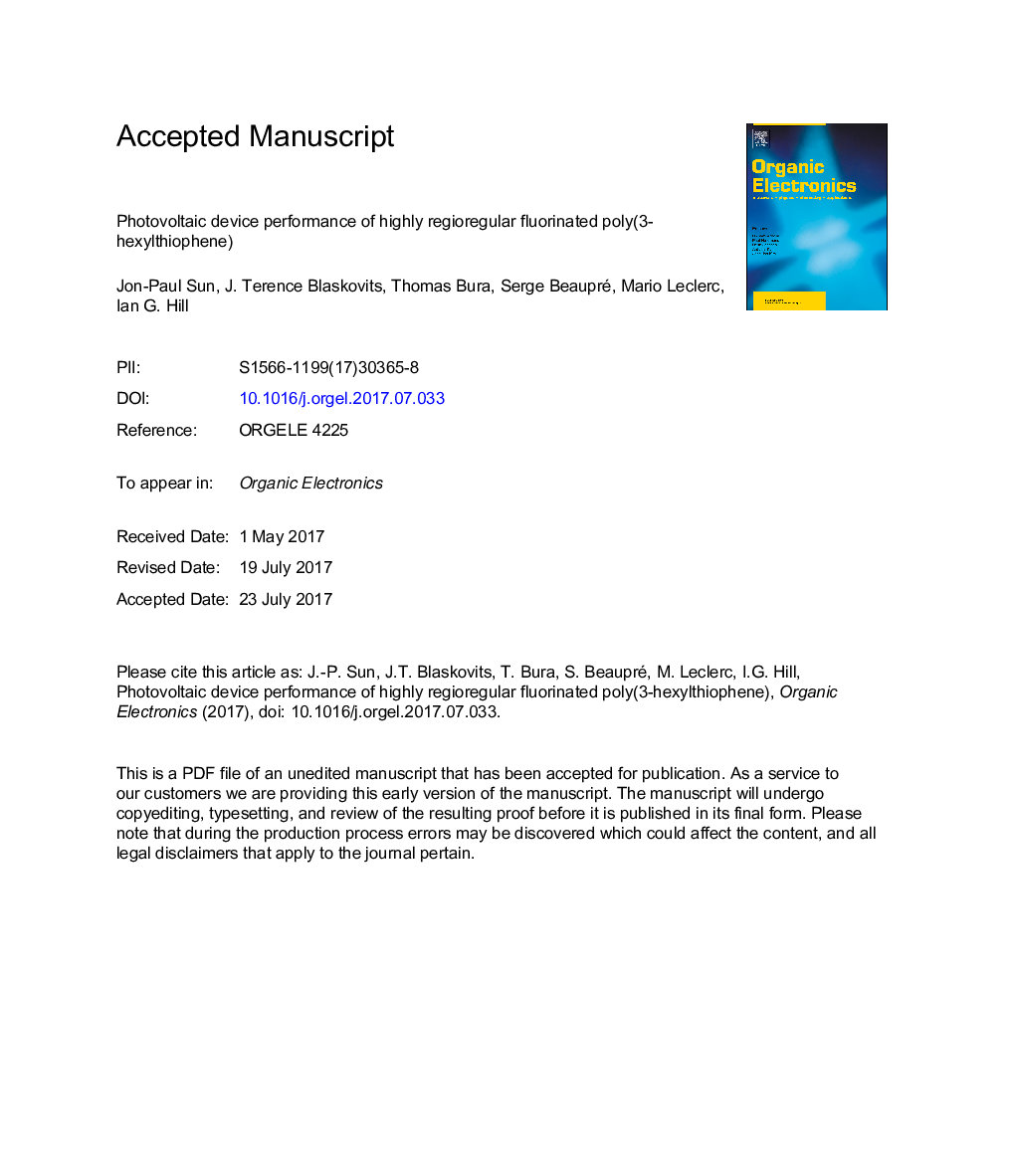 Photovoltaic device performance of highly regioregular fluorinated poly(3-hexylthiophene)