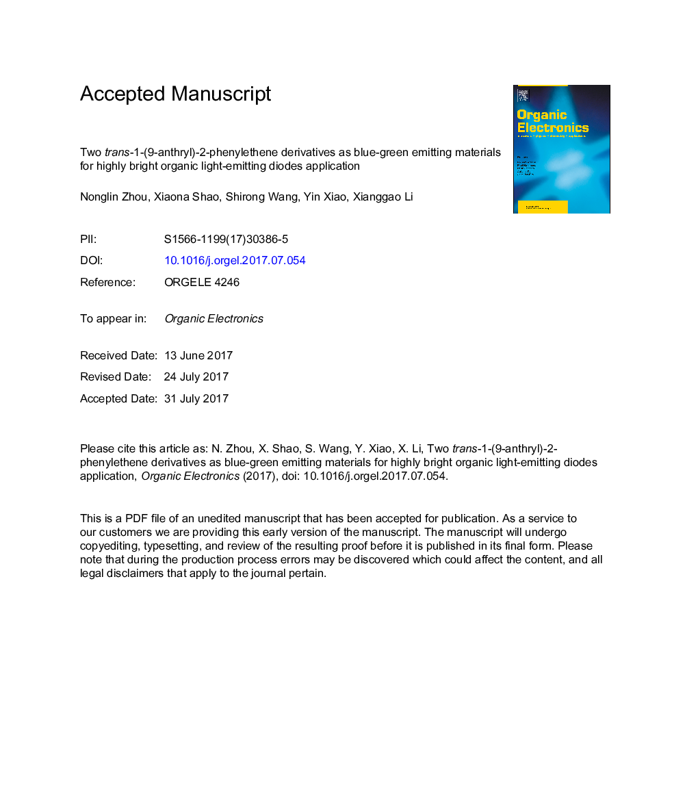 Two trans-1-(9-anthryl)-2-phenylethene derivatives as blue-green emitting materials for highly bright organic light-emitting diodes application