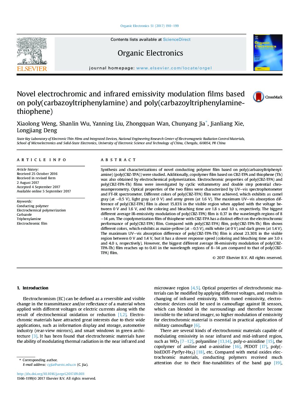 Novel electrochromic and infrared emissivity modulation films based on poly(carbazoyltriphenylamine) and poly(carbazoyltriphenylamine-thiophene)