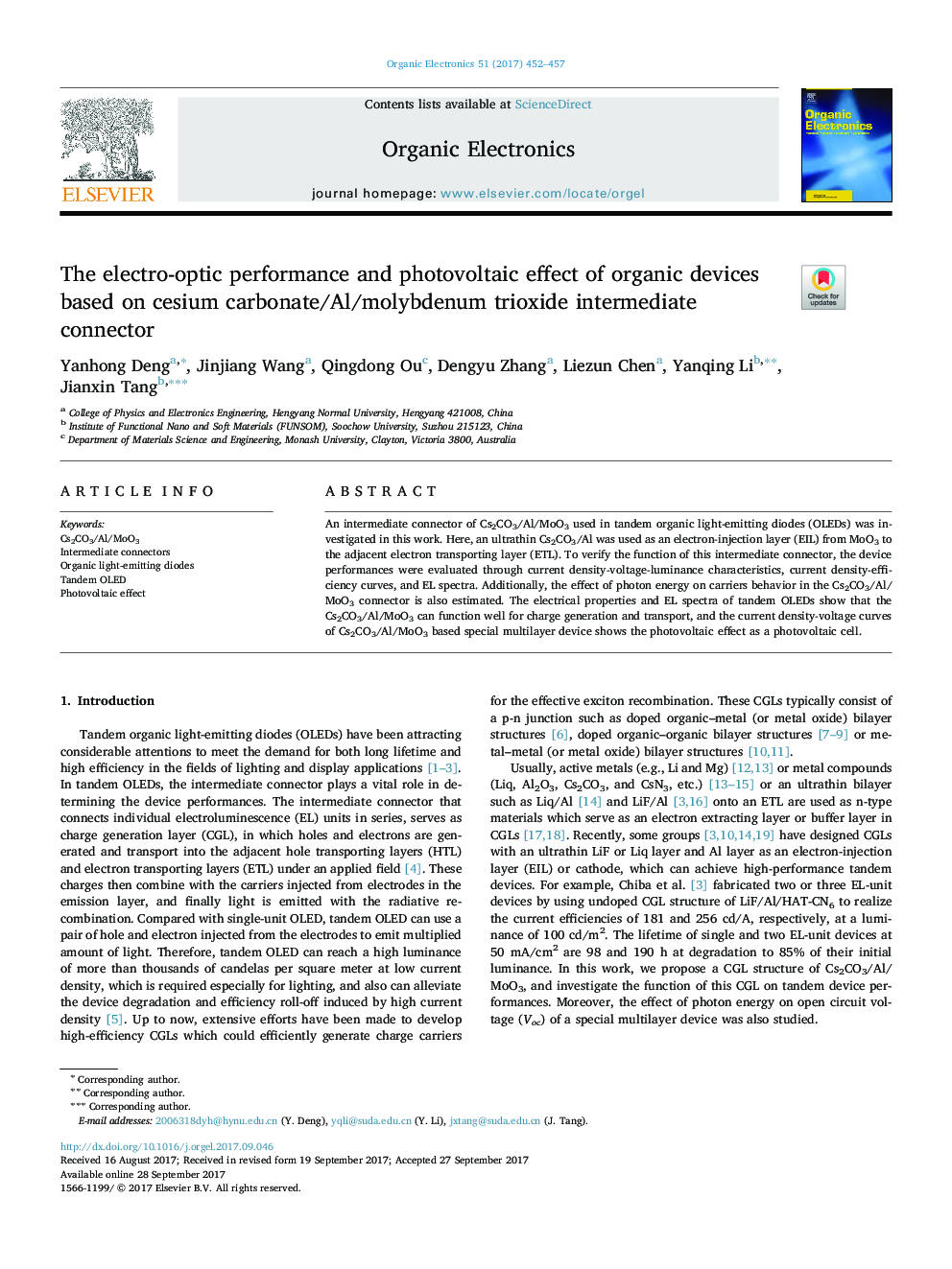 The electro-optic performance and photovoltaic effect of organic devices based on cesium carbonate/Al/molybdenum trioxide intermediate connector