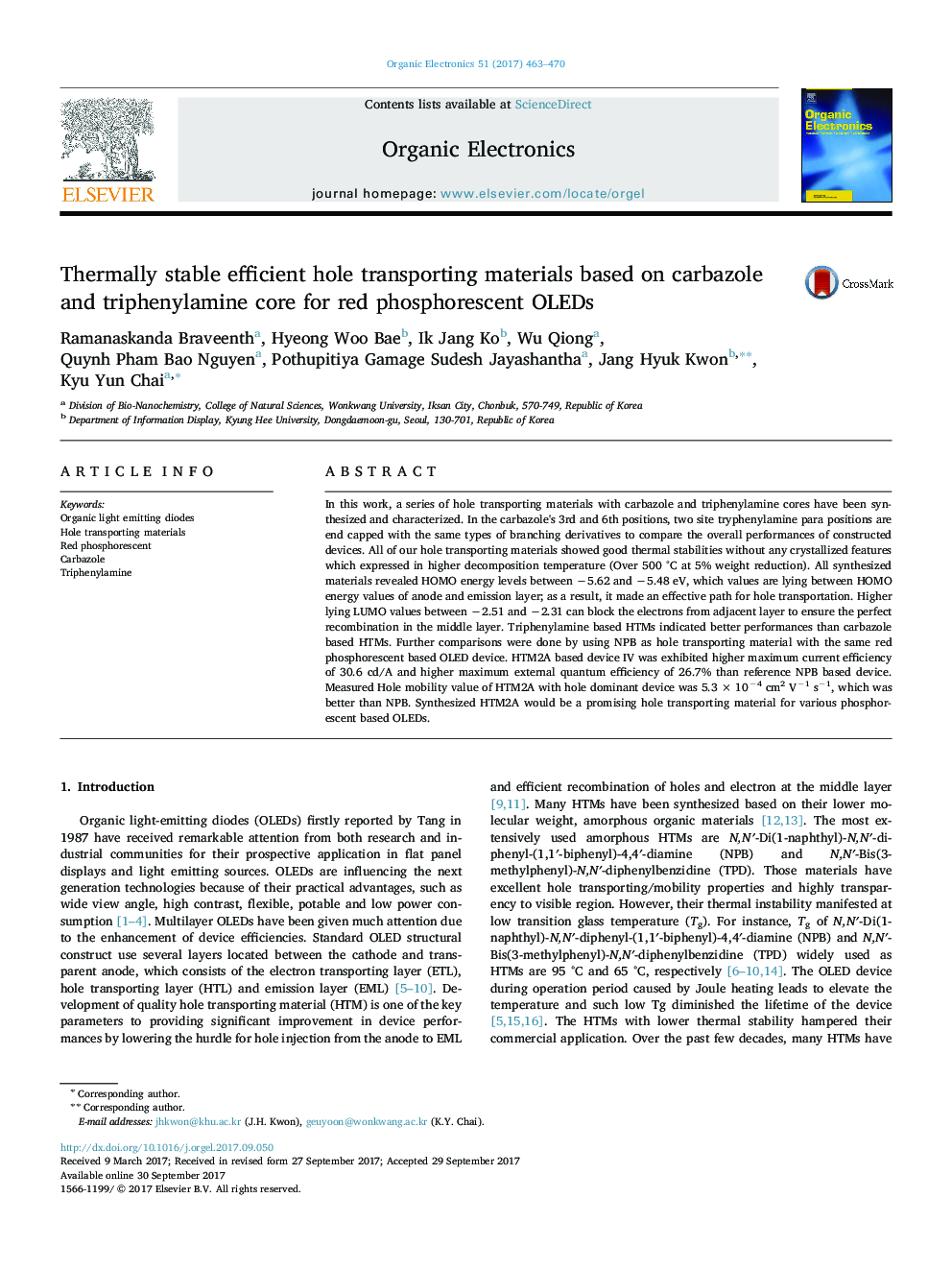 Thermally stable efficient hole transporting materials based on carbazole and triphenylamine core for red phosphorescent OLEDs