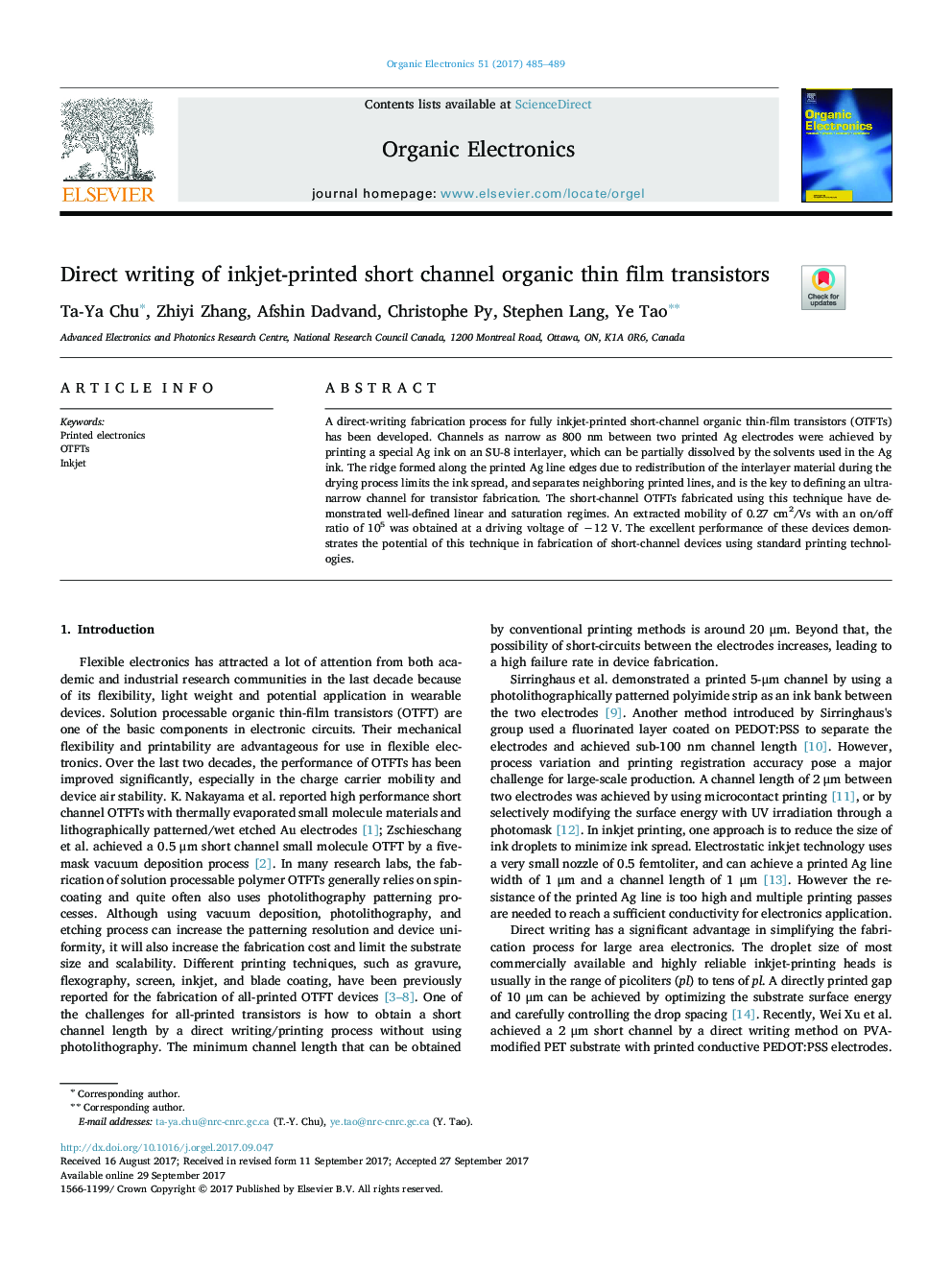 Direct writing of inkjet-printed short channel organic thin film transistors