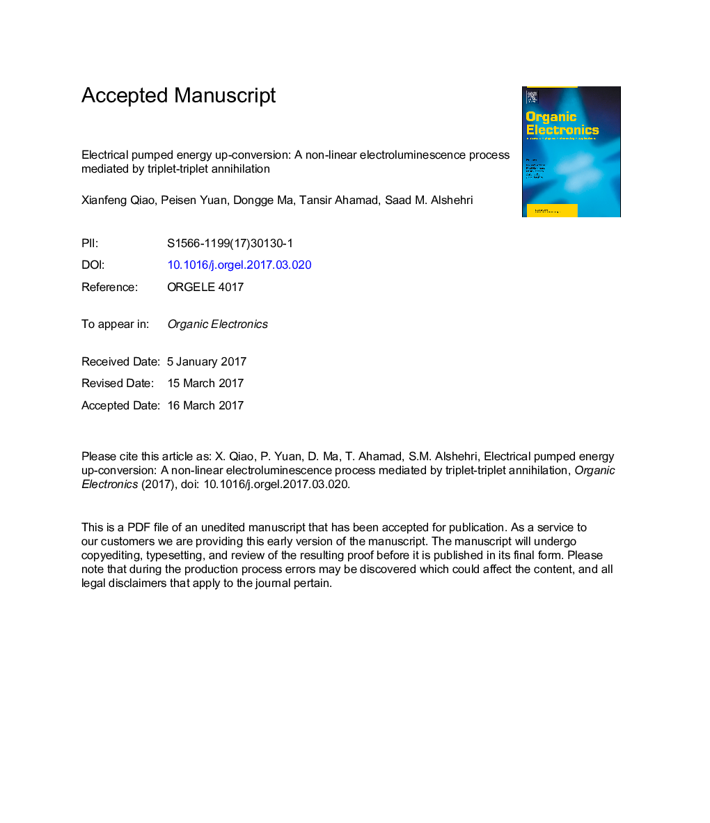 عکس صفحه اول مقاله: Electrical pumped energy up-conversion: A non-linear electroluminescence process mediated by triplet-triplet annihilation Electrical pumped energy up-conversion: A non-linear electroluminescence process mediated by triplet-triplet annihilation