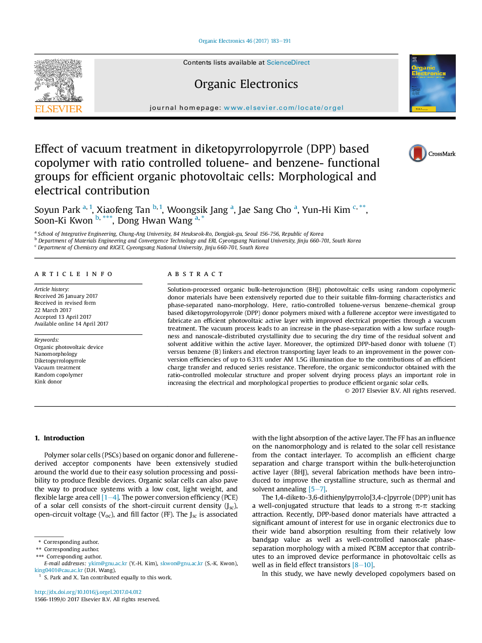 Effect of vacuum treatment in diketopyrrolopyrrole (DPP) based copolymer with ratio controlled toluene- and benzene- functional groups for efficient organic photovoltaic cells: Morphological and electrical contribution