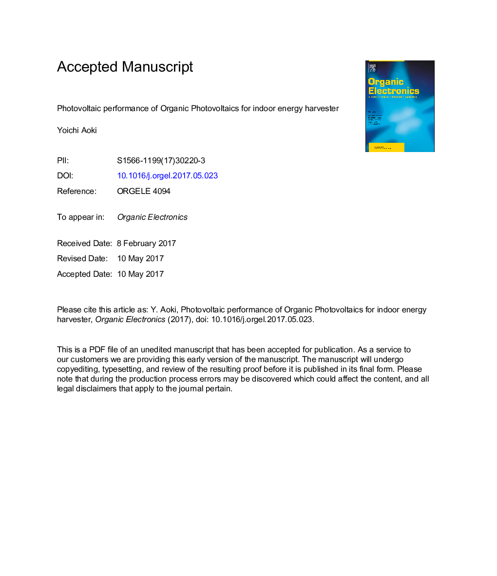 Photovoltaic performance of Organic Photovoltaics for indoor energy harvester