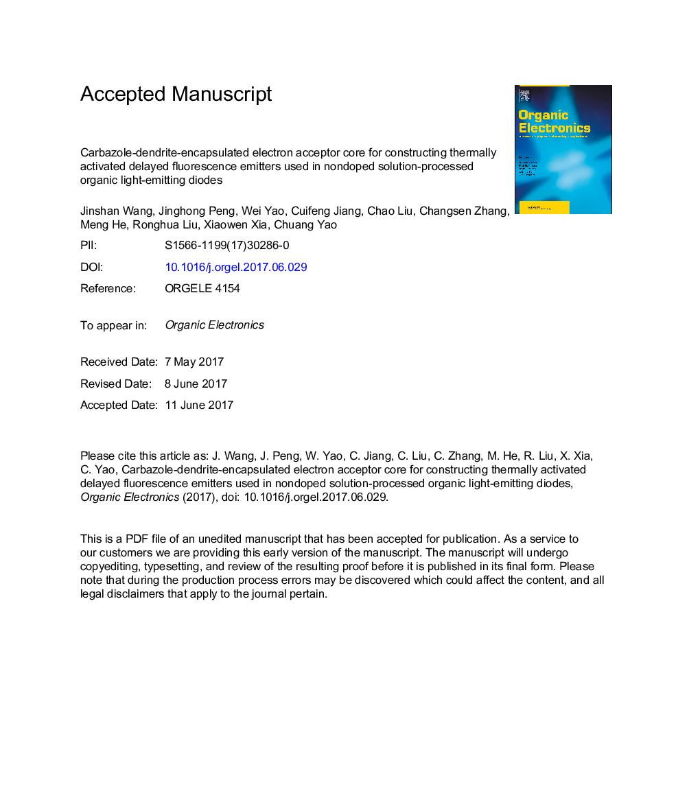 Carbazole-dendrite-encapsulated electron acceptor core for constructing thermally activated delayed fluorescence emitters used in nondoped solution-processed organic light-emitting diodes