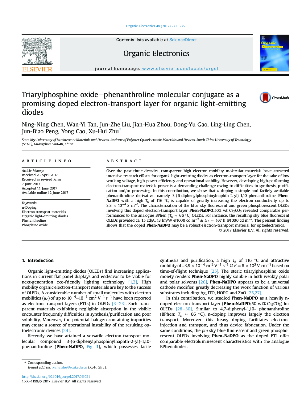 Triarylphosphine oxide-phenanthroline molecular conjugate as a promising doped electron-transport layer for organic light-emitting diodes