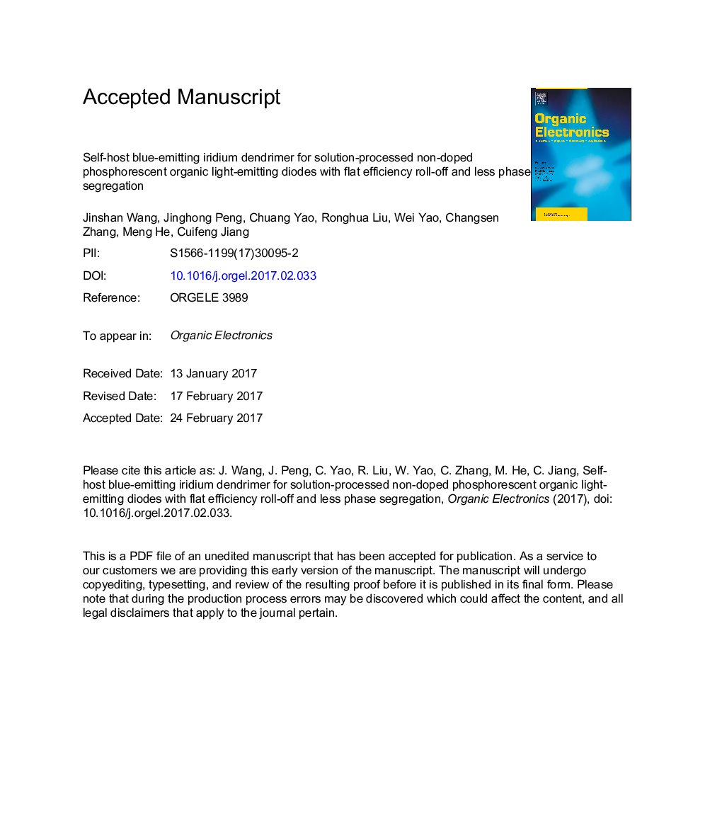 Self-host blue-emitting iridium dendrimer for solution-processed non-doped phosphorescent organic light-emitting diodes with flat efficiency roll-off and less phase segregation