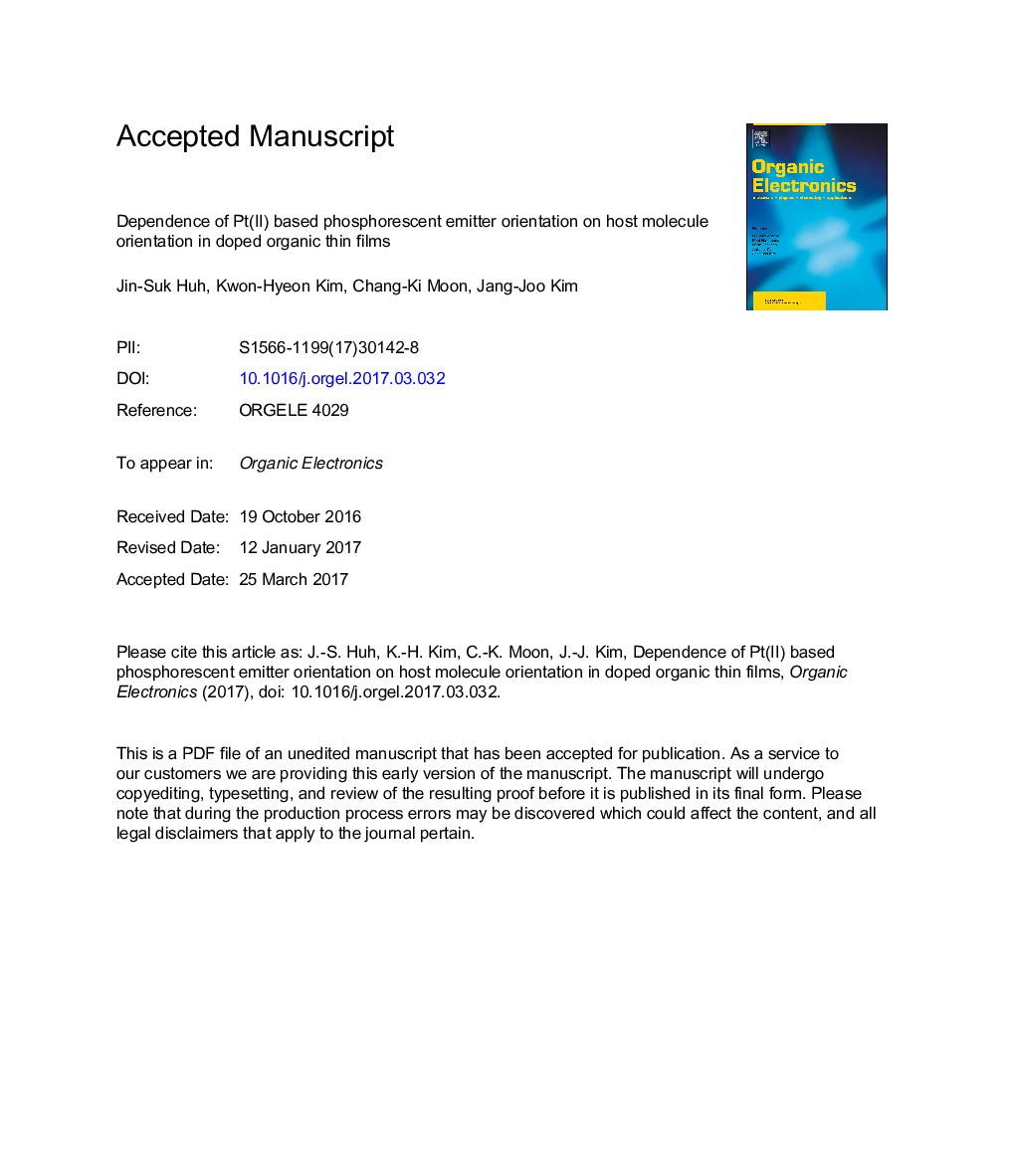 Dependence of Pt(II) based phosphorescent emitter orientation on host molecule orientation in doped organic thin films