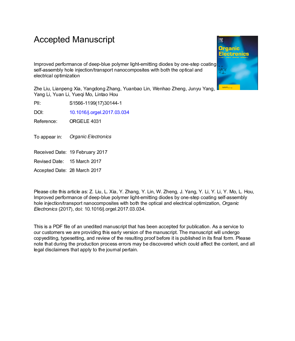 Improved performance of deep-blue polymer light-emitting diodes by one-step coating self-assembly hole injection/transport nanocomposites with both the optical and electrical optimization