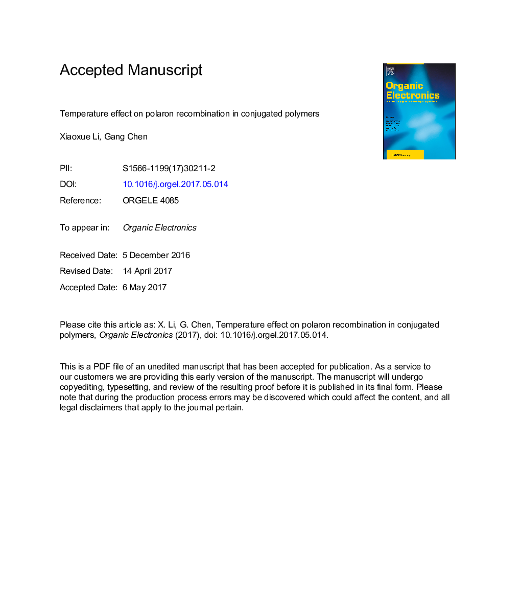 Temperature effect on polaron recombination in conjugated polymers