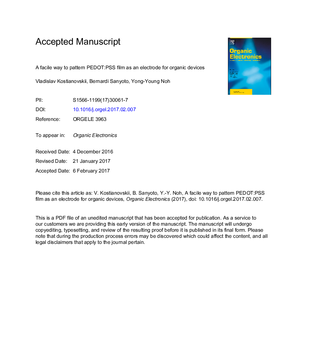 A facile way to pattern PEDOT:PSS film as an electrode for organic devices