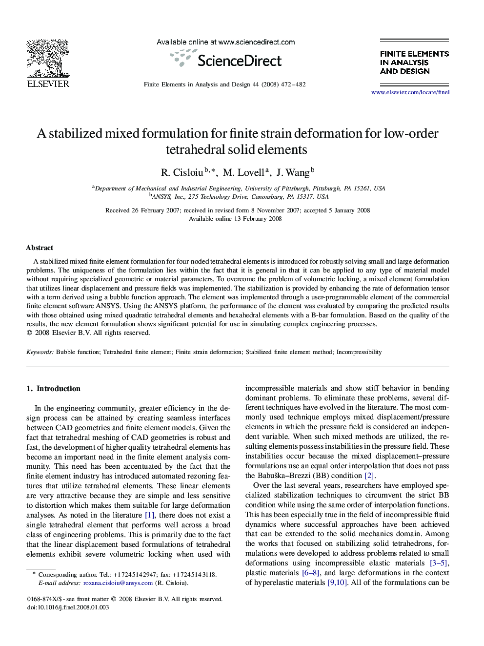 A stabilized mixed formulation for finite strain deformation for low-order tetrahedral solid elements