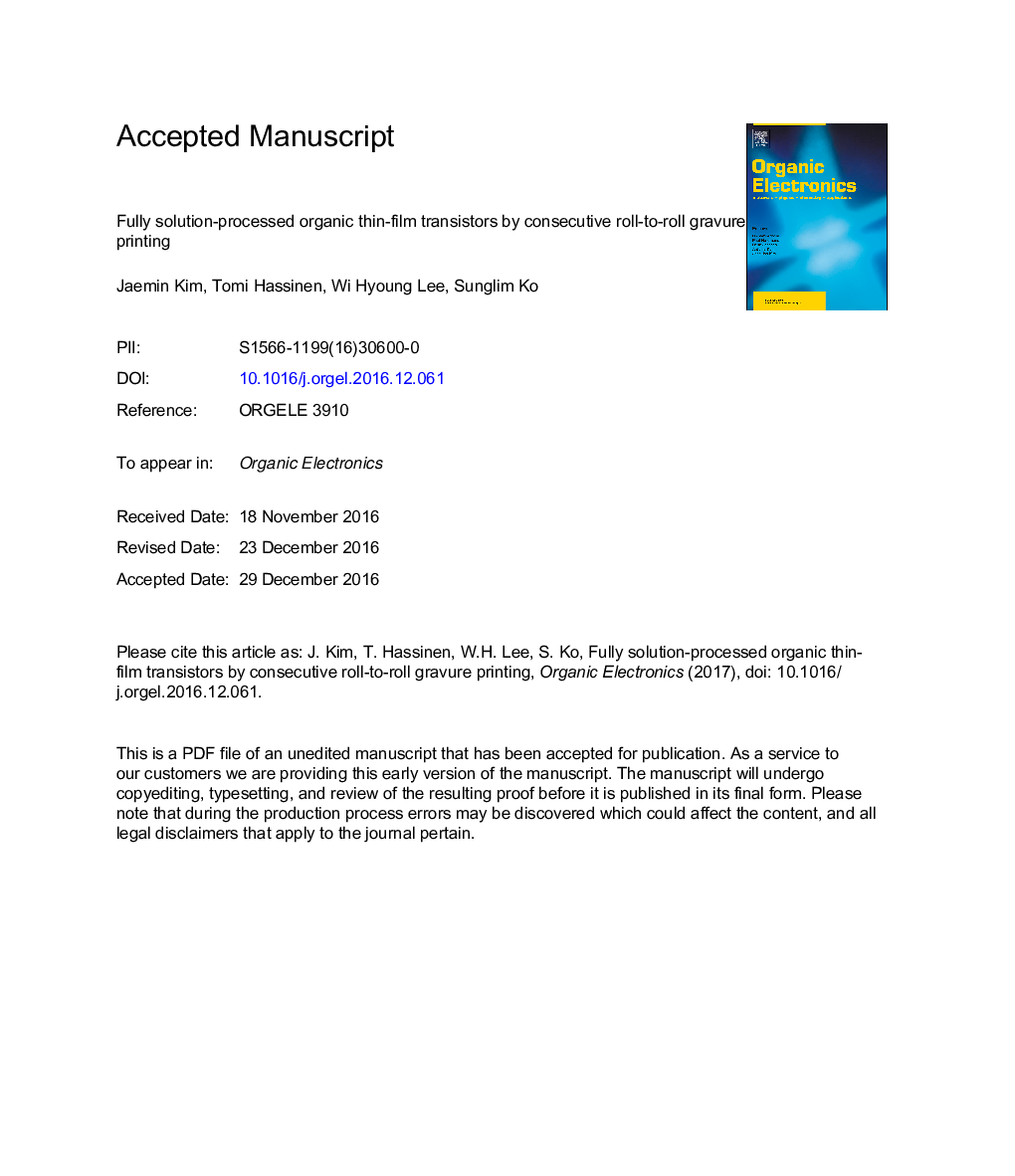 Fully solution-processed organic thin-film transistors by consecutive roll-to-roll gravure printing