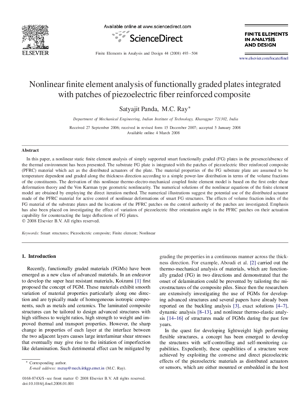 Nonlinear finite element analysis of functionally graded plates integrated with patches of piezoelectric fiber reinforced composite