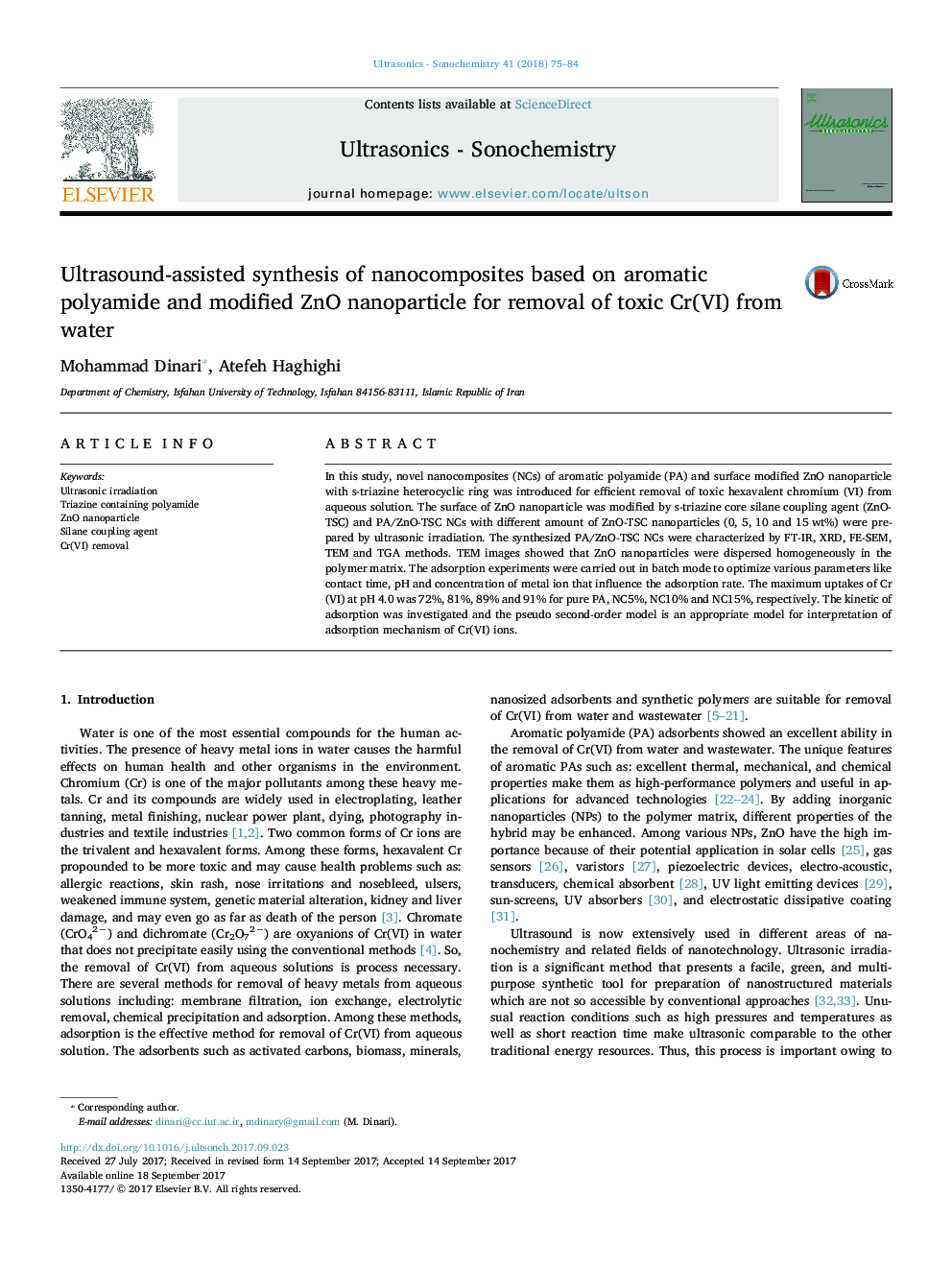 Ultrasound-assisted synthesis of nanocomposites based on aromatic polyamide and modified ZnO nanoparticle for removal of toxic Cr(VI) from water