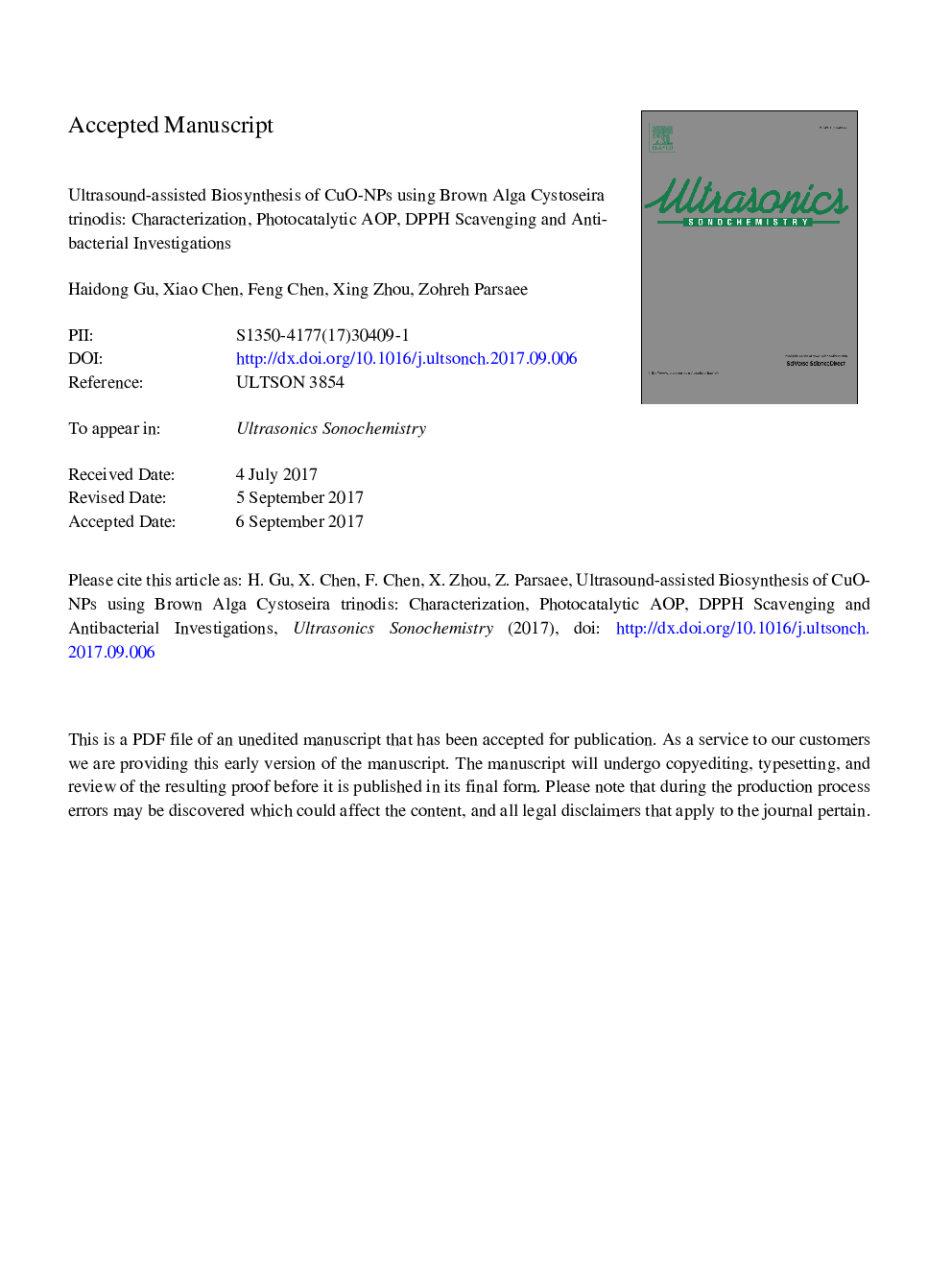 Ultrasound-assisted biosynthesis of CuO-NPs using brown alga Cystoseira trinodis: Characterization, photocatalytic AOP, DPPH scavenging and antibacterial investigations