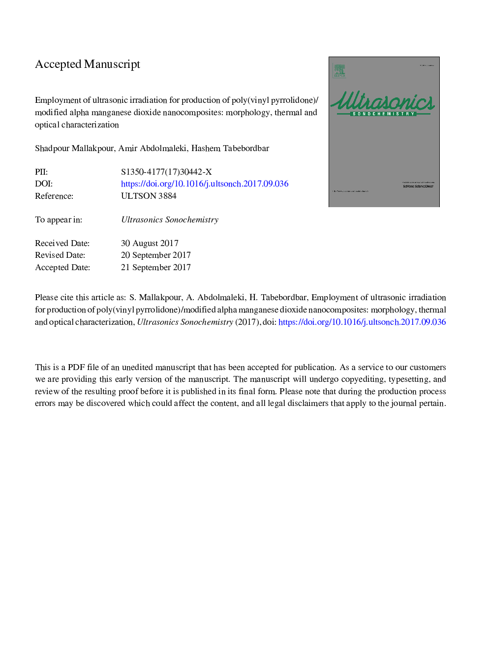 Employment of ultrasonic irradiation for production of poly(vinyl pyrrolidone)/modified alpha manganese dioxide nanocomposites: Morphology, thermal and optical characterization