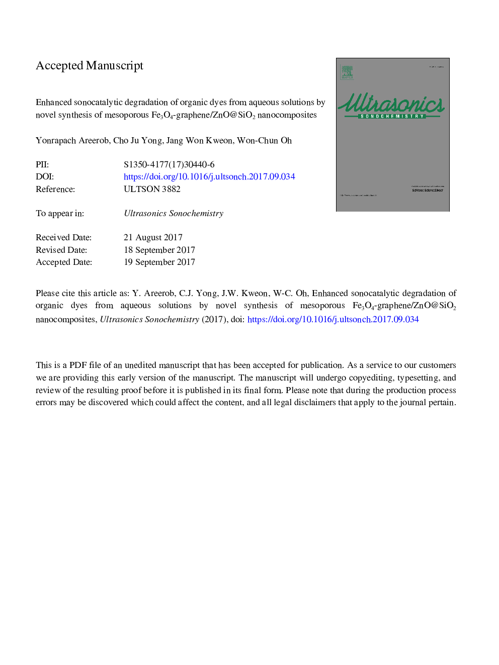 Enhanced sonocatalytic degradation of organic dyes from aqueous solutions by novel synthesis of mesoporous Fe3O4-graphene/ZnO@SiO2 nanocomposites