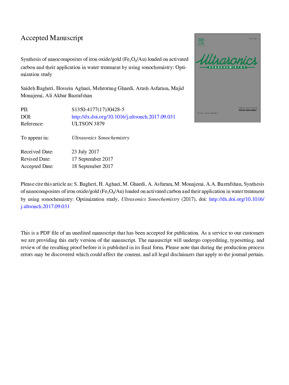 Synthesis of nanocomposites of iron oxide/gold (Fe3O4/Au) loaded on activated carbon and their application in water treatment by using sonochemistry: Optimization study