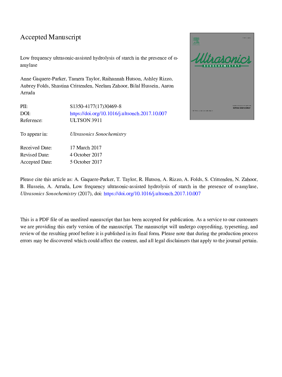 Low frequency ultrasonic-assisted hydrolysis of starch in the presence of Î±-amylase