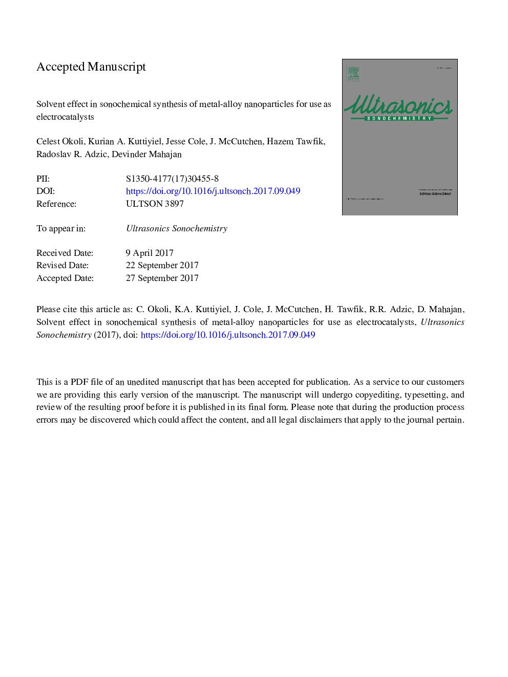 Solvent effect in sonochemical synthesis of metal-alloy nanoparticles for use as electrocatalysts