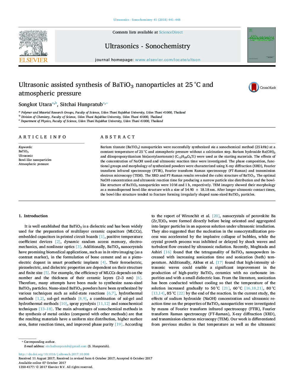 Ultrasonic assisted synthesis of BaTiO3 nanoparticles at 25â¯Â°C and atmospheric pressure