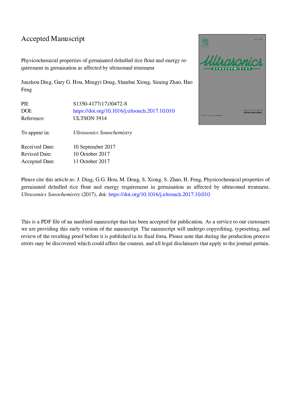 Physicochemical properties of germinated dehulled rice flour and energy requirement in germination as affected by ultrasound treatment