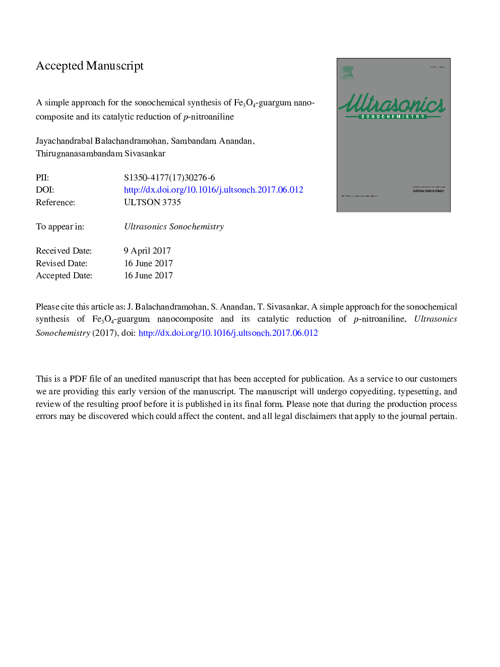 A simple approach for the sonochemical synthesis of Fe3O4-guargum nanocomposite and its catalytic reduction of p-nitroaniline