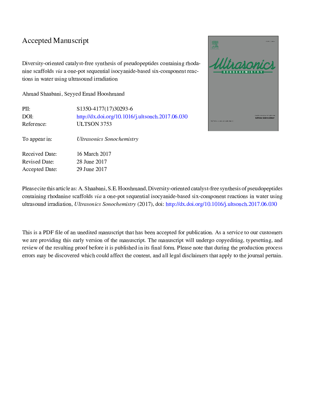 Diversity-oriented catalyst-free synthesis of pseudopeptides containing rhodanine scaffolds via a one-pot sequential isocyanide-based six-component reactions in water using ultrasound irradiation