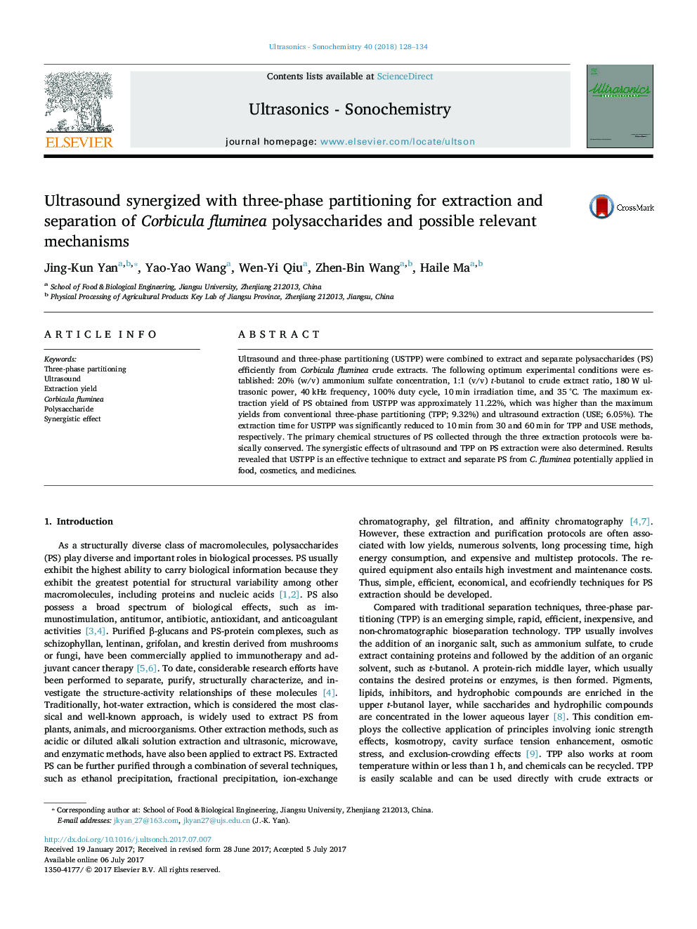 Ultrasound synergized with three-phase partitioning for extraction and separation of Corbicula fluminea polysaccharides and possible relevant mechanisms