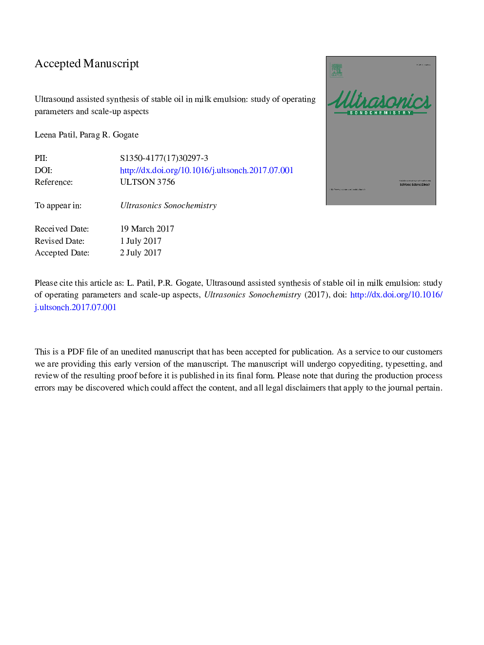 Ultrasound assisted synthesis of stable oil in milk emulsion: Study of operating parameters and scale-up aspects