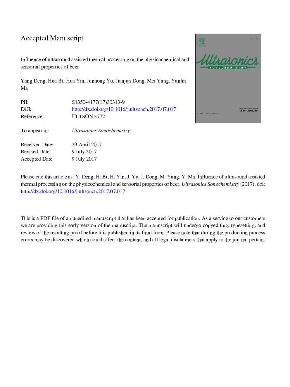 Influence of ultrasound assisted thermal processing on the physicochemical and sensorial properties of beer