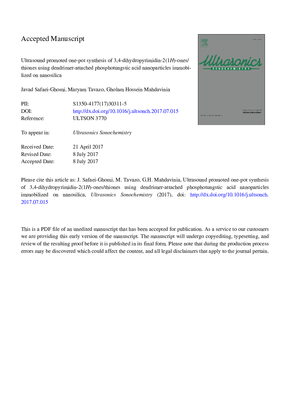 Ultrasound promoted one-pot synthesis of 3,4-dihydropyrimidin-2(1H)-ones/thiones using dendrimer-attached phosphotungstic acid nanoparticles immobilized on nanosilica