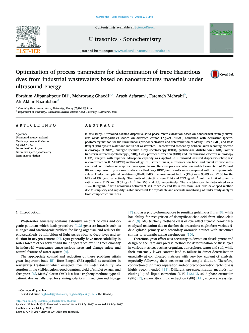 Optimization of process parameters for determination of trace Hazardous dyes from industrial wastewaters based on nanostructures materials under ultrasound energy